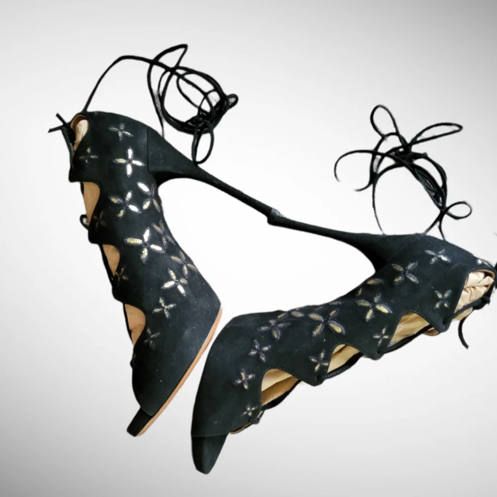 ALAIA |New in Box Black Suede w/Metallic Gold Floral Trim Open Toe Pumps S… - Picture 9 of 16